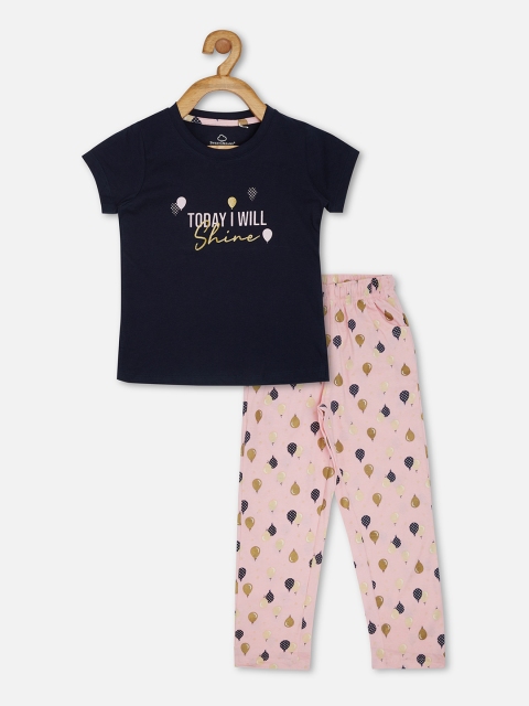 

Sweet Dreams Girls Set of 2 Navy Blue & Peach Printed Night suits