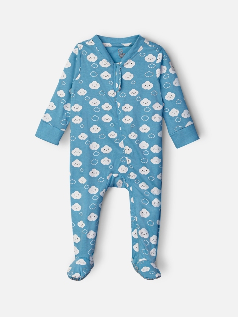 

Cuddles for Cubs Infant Kids Blue & White Printed Cotton Sleepsuit