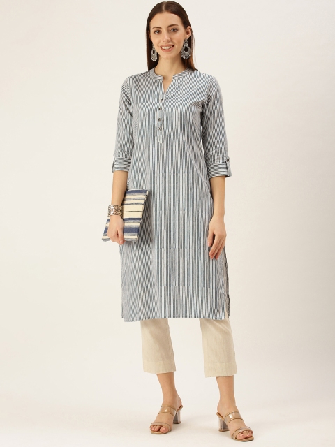 

AMUKTI Women Blue & White Striped Kurta