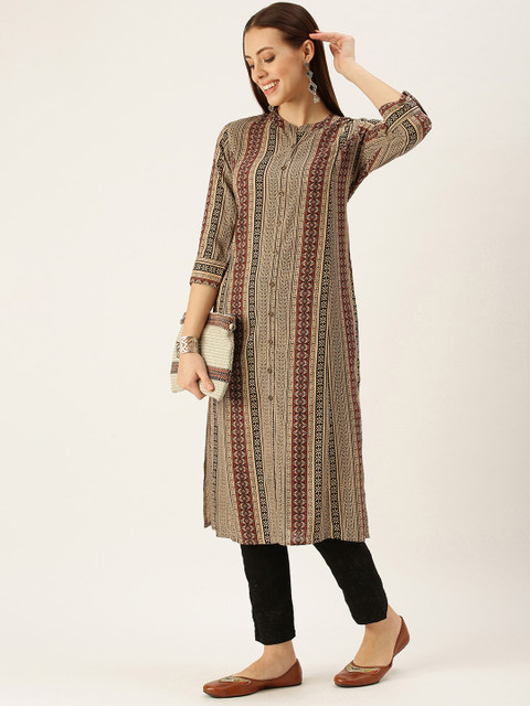 

AMUKTI Women Beige & Black Ethnic Motifs Printed Kurta