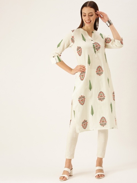 

AMUKTI Women Off White & Green Ethnic Motifs Printed Kurta
