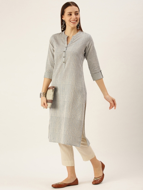

AMUKTI Women Grey & White Striped Kurta