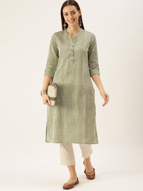 

AMUKTI Women Green & White Striped Kurta