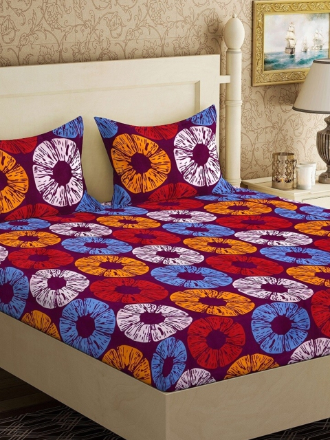 

Ispace Maroon & Blue Geometric Printed 144 TC King Bedsheet with 2 Pillow Covers, Purple