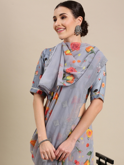 

Kvsfab Women Grey & Yellow Floral Print Saree
