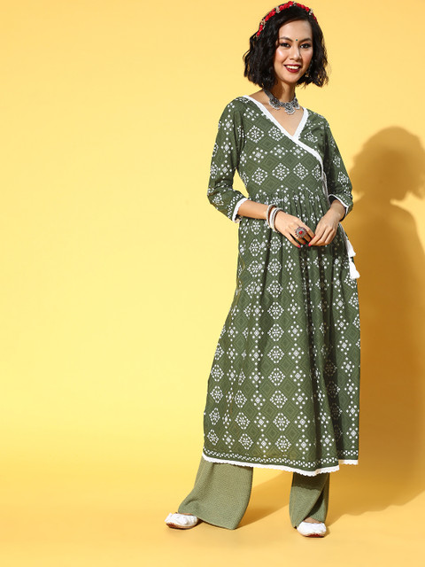 

mokshi Lovely Olive Cotton Angrakha Kurta
