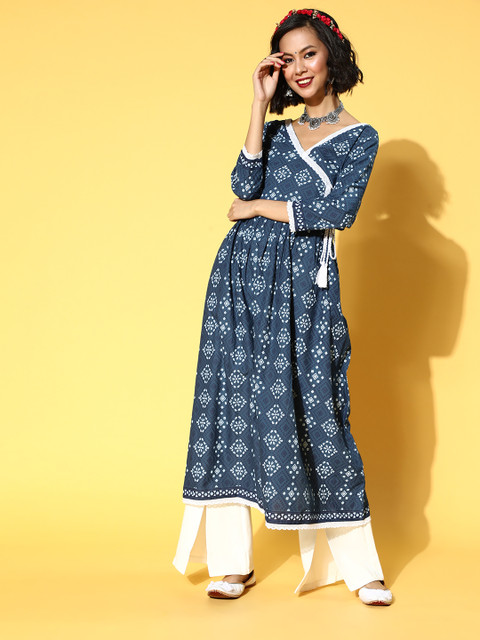

mokshi Deep Navy Blue Cotton Angrakha Kurta