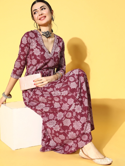 

mokshi Charming Maroon Cotton Romantic Florals Kurta