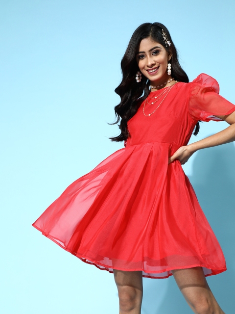 

SASSAFRAS Red Solid Puff Sleeves Dress