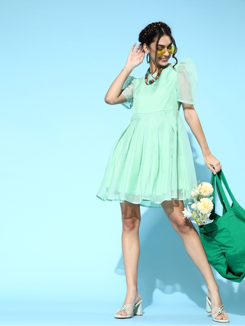

SASSAFRAS Enchanting Sea Green Solid Net Dress