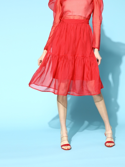 

SASSAFRAS Red Solid Tiered Skirt