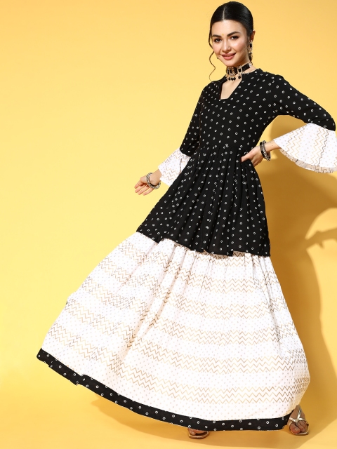 

mokshi Ethnic Motifs Viscose Rayon Bell Sleeves Kurta Set, Black