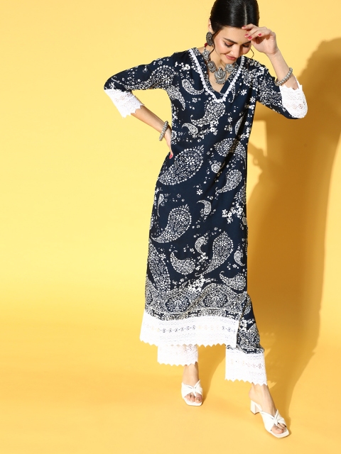 

mokshi Ethnic Motifs Viscose Rayon Paisley Kurta Set, Blue