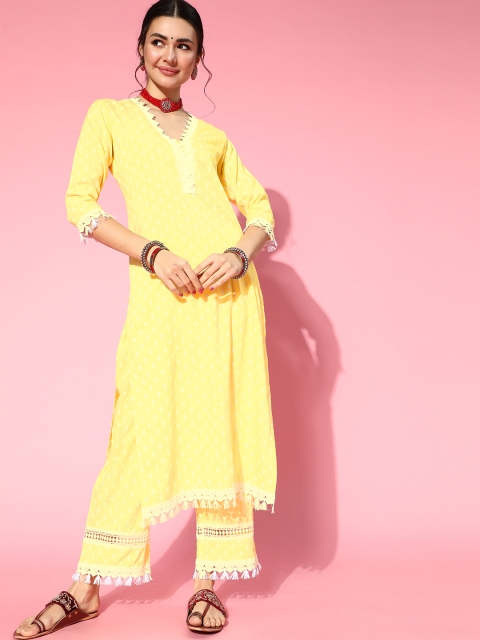 

mokshi Ethnic Motifs Viscose Rayon Tasselled Kurta Set, Yellow
