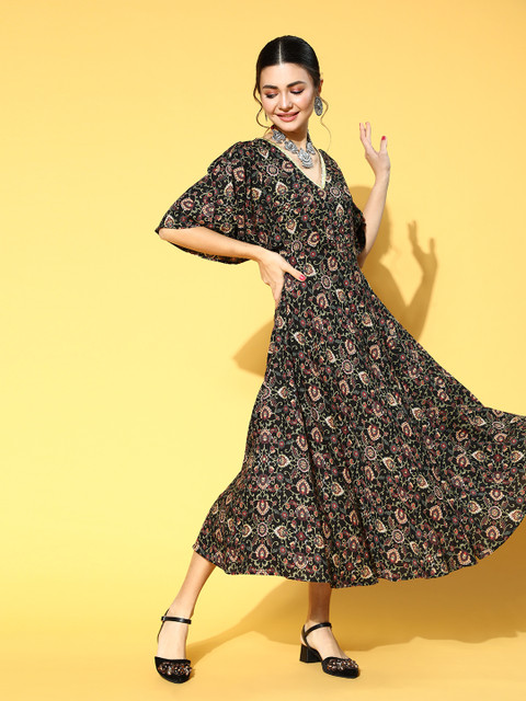 

mokshi Women Stylish Black Ethnic Motifs Indie Print Dress
