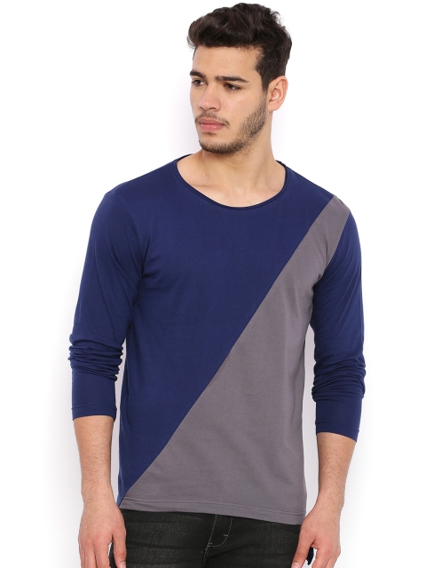 

SHELTR Men Navy & Grey Colourblocked Round Neck Slim Fit T-shirt, Navy blue