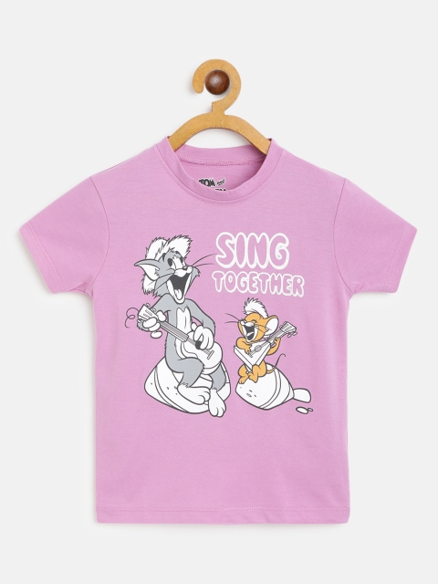 

Eteenz Girls Lavender & White Pure Cotton Tom & Jerry Print T-shirt