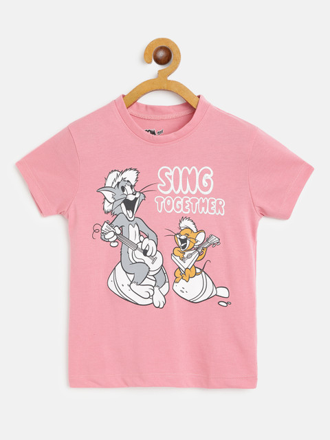 

Eteenz Girls Pink & White Tom & Jerry Printed Cotton T-shirt
