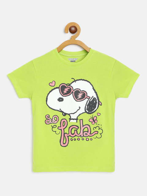 

Eteenz Girls Green & White Snoopy Printed Cotton T-shirt