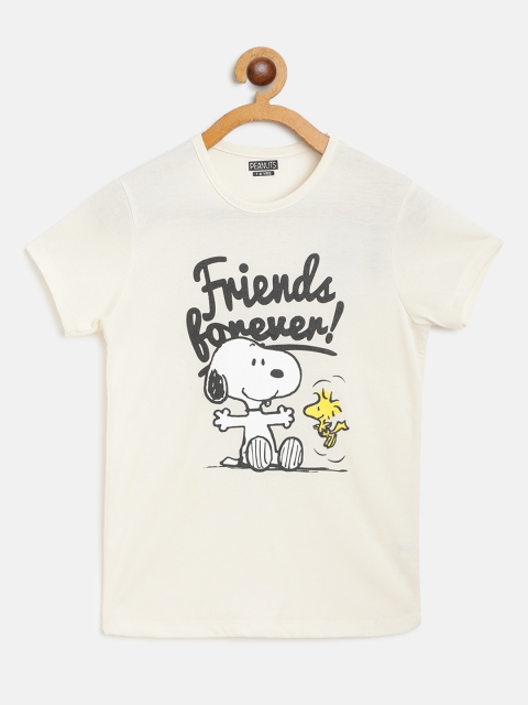 

Eteenz Girls Off White & Black Snoopy Printed Cotton T-shirt