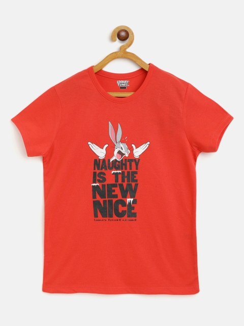 

Eteenz Girls Coral & Black Pure Cotton Looney Tunes Print T-shirt