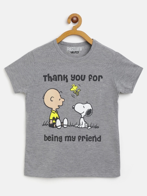 

Eteenz Girls Grey Melange & Black Cotton Snoopy Print T-shirt