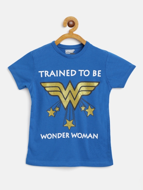 

Eteenz Girls Blue & Golden Cotton Wonder Woman Logo Printed T-shirt