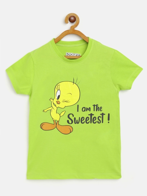 

Eteenz Girls Fluorescent Green & Yellow Pure Cotton Tweety Printed T-shirt