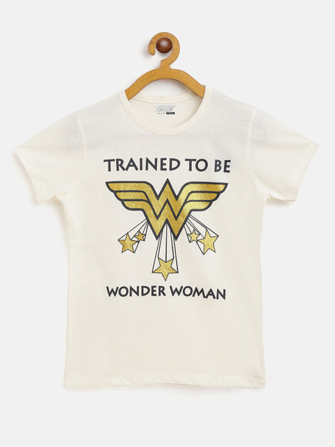 

Eteenz Girls Off White & Gold Wonder Woman Printed Cotton T-shirt