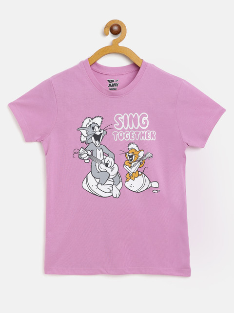 

Eteenz Girls Purple & White Tom & Jerry Printed Cotton T-shirt