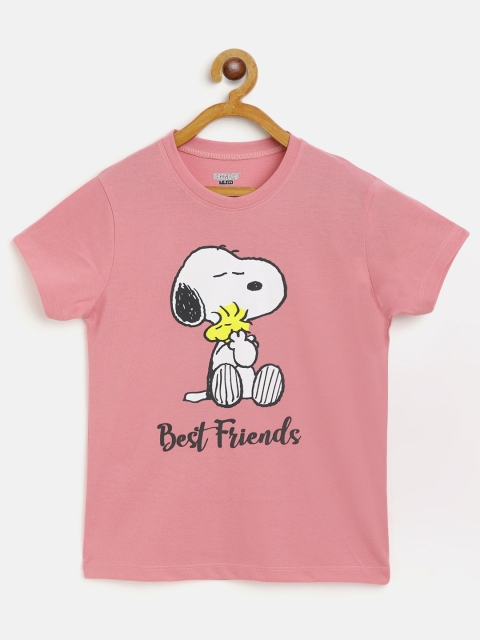 

Eteenz Girls Pink & White Cotton Snoopy Printed T-shirt