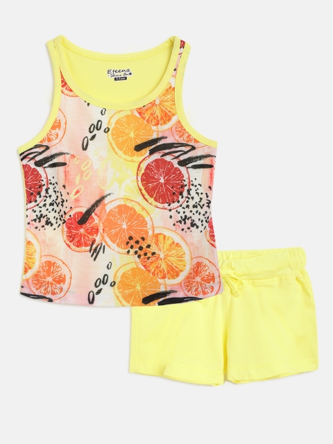 

Eteenz Girls Yellow & Orange Pure Cotton Printed T-shirt with Shorts