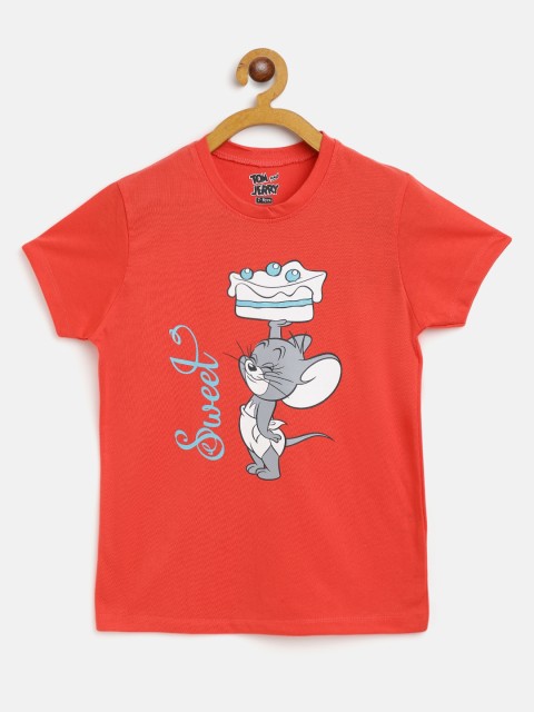 

Eteenz Girls Red & Grey Jerry Printed Cotton T-shirt