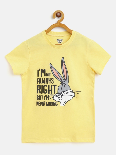 

Eteenz Girls Yellow & Black Bugs Bunny Printed Cotton T-shirt