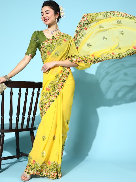 

Mitera Floral Saree with Embroidered Border, Yellow