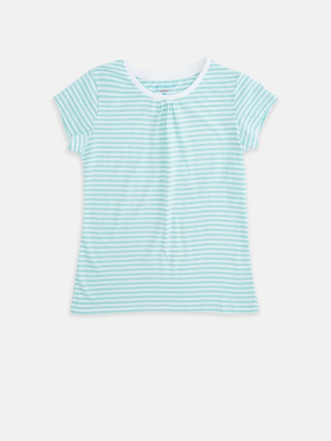 

Pantaloons Junior Girls Blue & White Striped Pure Cotton T-shirt, Multi