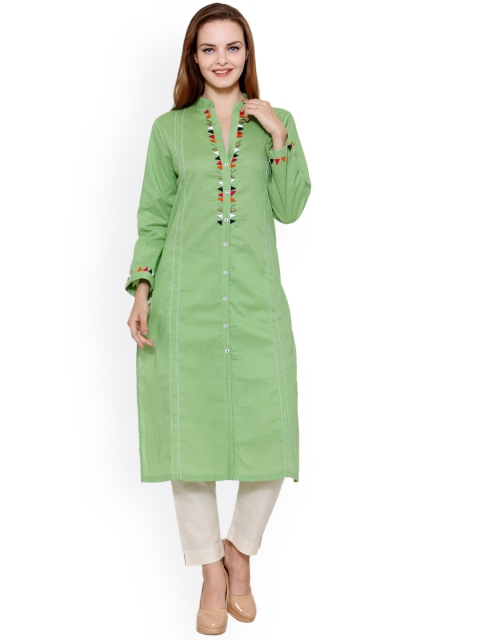 

Tulsattva Women Green Solid Straight Kurta