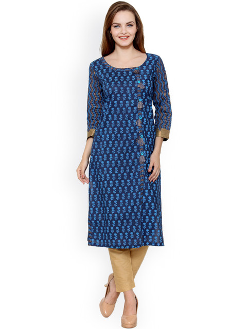 

Tulsattva Women Navy Printed Straight Kurta, Navy blue