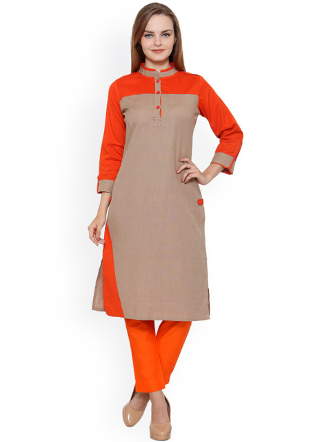 

Tulsattva Women Beige & Orange Colourblocked Straight Kurta