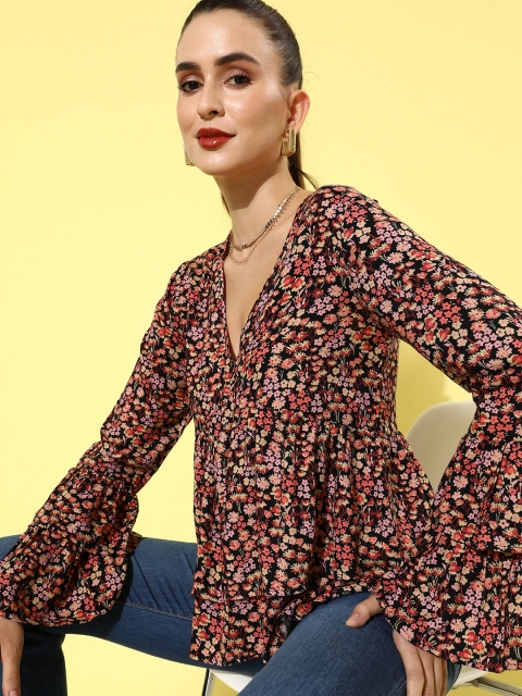 

VANCA ECO Women Stylish Black Floral Feminine Frills Top