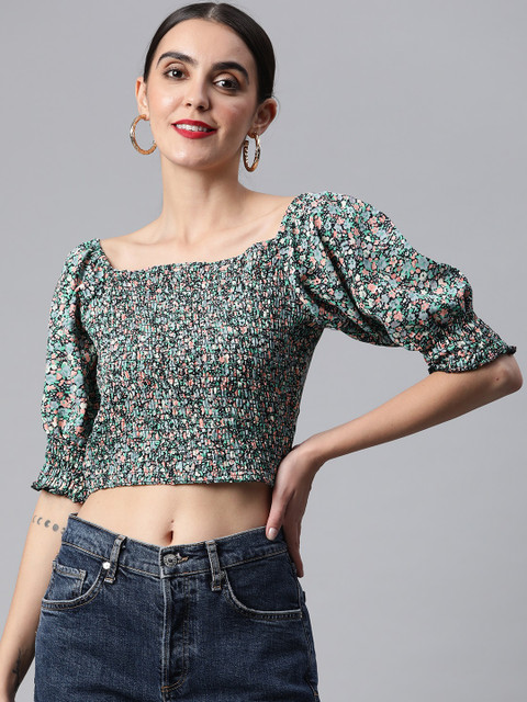 

SIRIKIT Women Black & Green Floral Print Smocked Crop Top