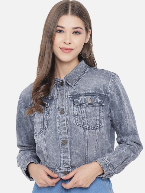 

Orchid Blues Women Grey Washed Crop Denim Jacket