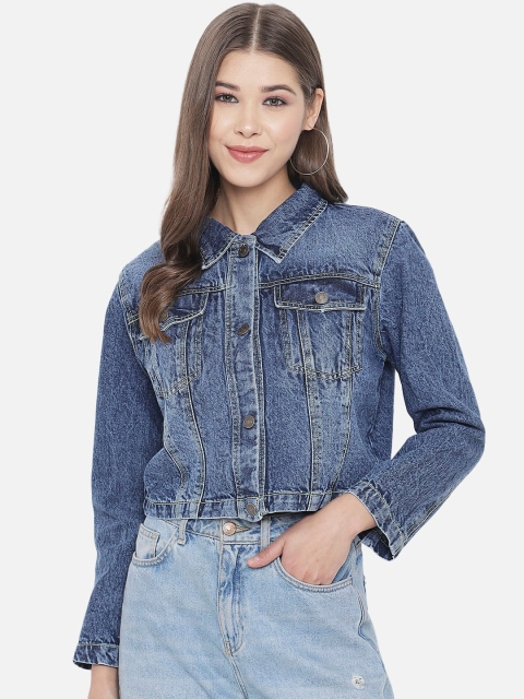 

Orchid Blues Women Blue Washed Crop Denim Jacket