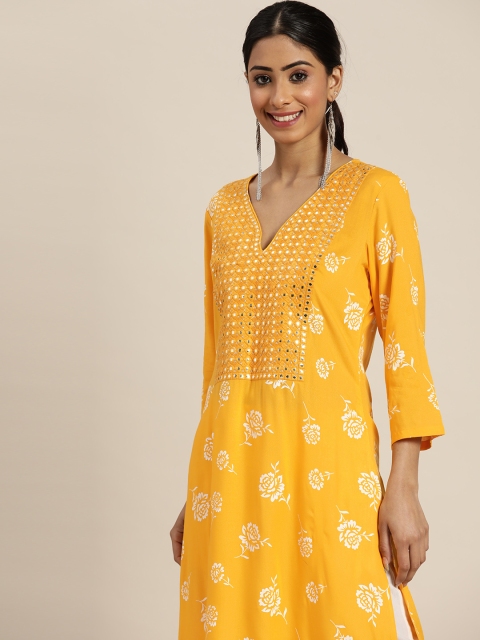 

Sangria Women Yellow & White Floral Printed Mirror Work Kurta