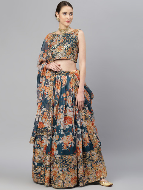 

Readiprint Fashions Blue & Peach-Coloured Embellished Sequinned Semi-Stitched Lehenga & Unstitched Blouse