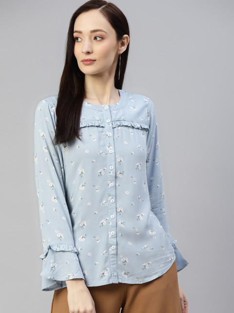 

Ayaany Women Light Grey Floral Print Pure Cotton Shirt Style Top
