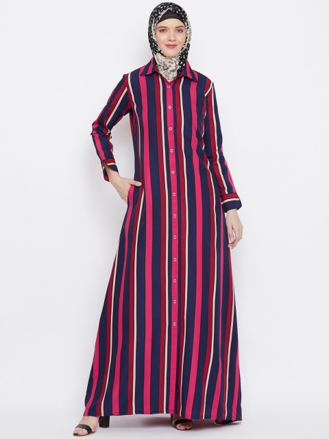 

MOMIN LIBAS Women Pink & Blue Striped Abaya Burqa