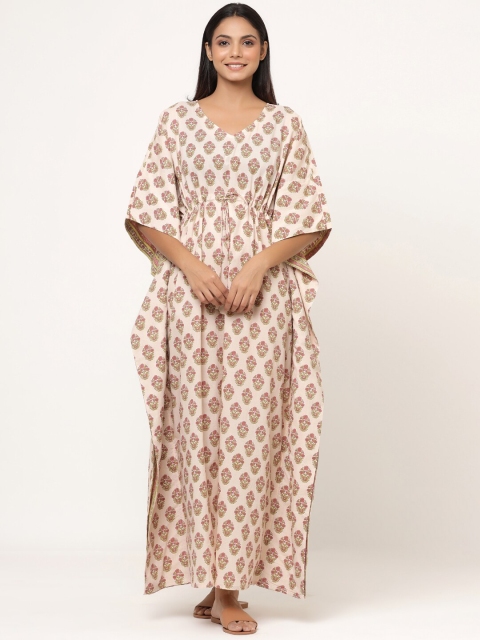 

JISORA Pink Printed Maxi Kaftan Nightdress
