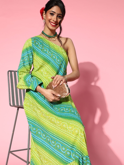 

Luni Women Lovely Green Ethnic Motifs One-Shoulder Dress