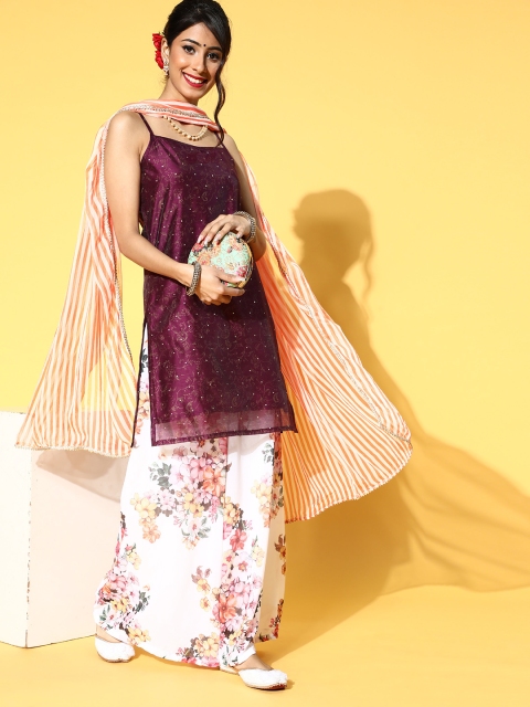 

Luni Floral Silk Blend Short Kurti with Flared Pants, Burgundy
